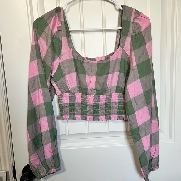 BP. Womens Crop Top Pink Buffalo‎ Plaid Long Sleeve Puff Scoop Neck Smocked SZ S - Picture 1 of 5